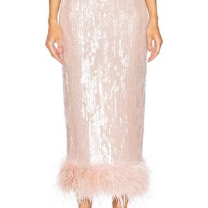 NBD - Aida Sequin Midi Skirt in Blush Pink with feather trim. Like new condition